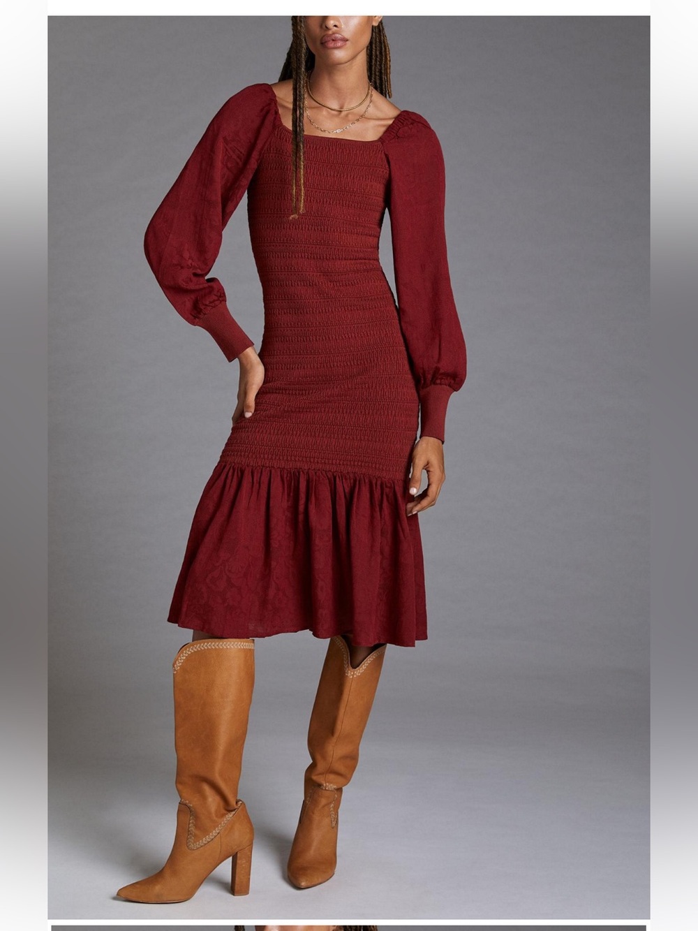 Anthropologie Smocked Puff long Sleeve Midi Dress New size M wine burgundy